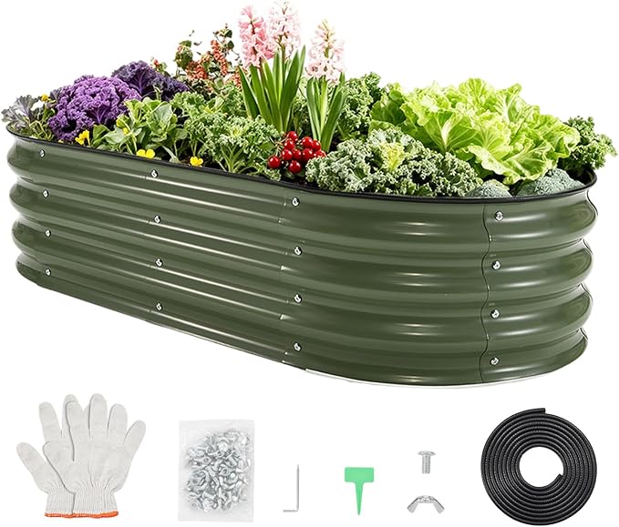 PeakPursuit 4X2x1Ft Galvanized Raised Garden Bed Kit, Metal Planter Box, Oval Raised Beds with Open-Ended Base for Vegetables, Flowers, Herbs & Fruits