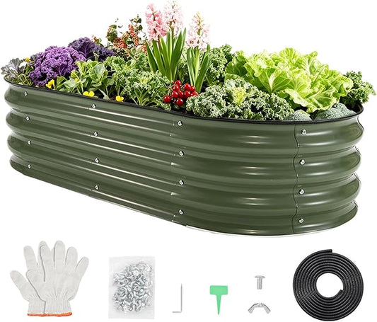PeakPursuit 4X2x1Ft Galvanized Raised Garden Bed Kit, Metal Planter Box, Oval Raised Beds with Open-Ended Base for Vegetables, Flowers, Herbs & Fruits