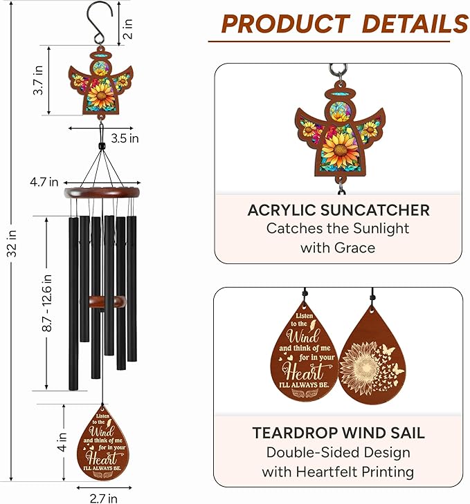 FLAGWIX Sympathy Gifts for Loss of Loved One - Memorial Wind Chimes for Outside 32 in - Large Outdoor Wind Chimes, Bereavement Gift Ideas, Remembrance Condolence Memorial Gifts for Loss of Mom Dad