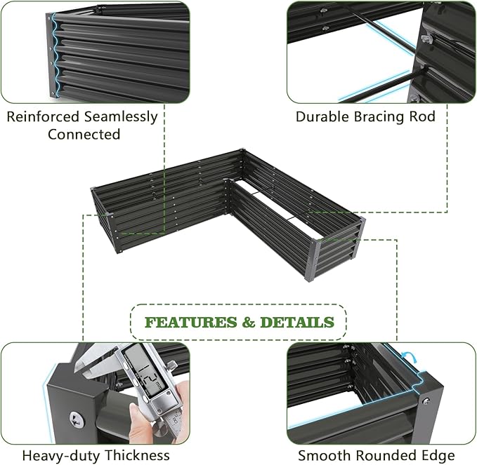 A ANLEOLIFE 4 Set L-Shaped Galvanized Raised Garden Beds Outdoor,74x74x18in Large Metal Planter Box for Planting Vegetables Flowers Herb, Anti-Rust & Easy-Setup, Quartz Grey