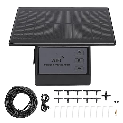Solar Drip Irrigation System Kit, APP Remote Control 2000mAh Automatic Watering Drip Irrigation System, Smart Timing Plant Waterer Outdoor for Up to 10 Indoor Plants