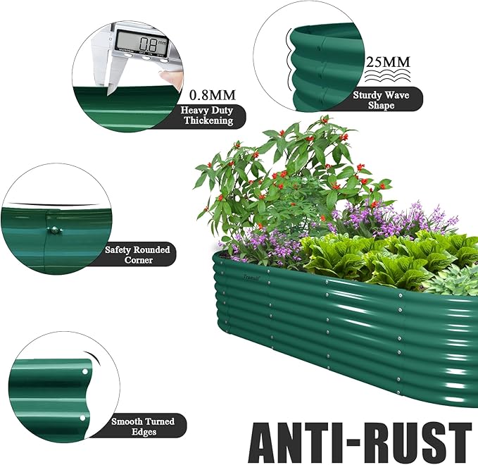 1 Pack 8x3x2FT Galvanized Raised Garden Bed Kit Oval Metal Ground Planter Box Outdoor Bottomless Planter Raised Beds for Vegetables Flowers Herbs Fruits, Green