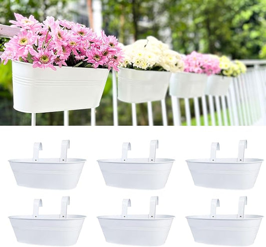 LaLaGreen Planter Boxes for Outdoor (6 Pack, 17 Inch) White Metal Deck Railing Hanging Flower Pots, Large Window Box Plant Holder Hooks Fence Rail Buckets Modern Herb Boho Style Wall Mount Porch Decor