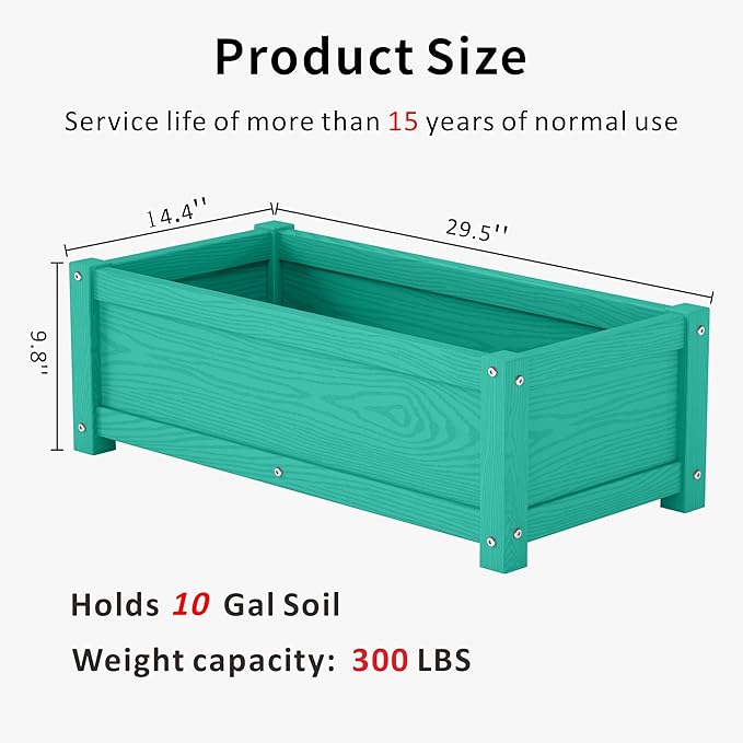 HDPE Raised Planter Box Outdoor,Rot-Resistant and Non-Cracking,Raised Beds for Gardening 29.5 * 14.4 * 9.8 in for Yard,Lawn,Outdoor Planter Boxes Rectangle with Drainage Holes Aruba Blue