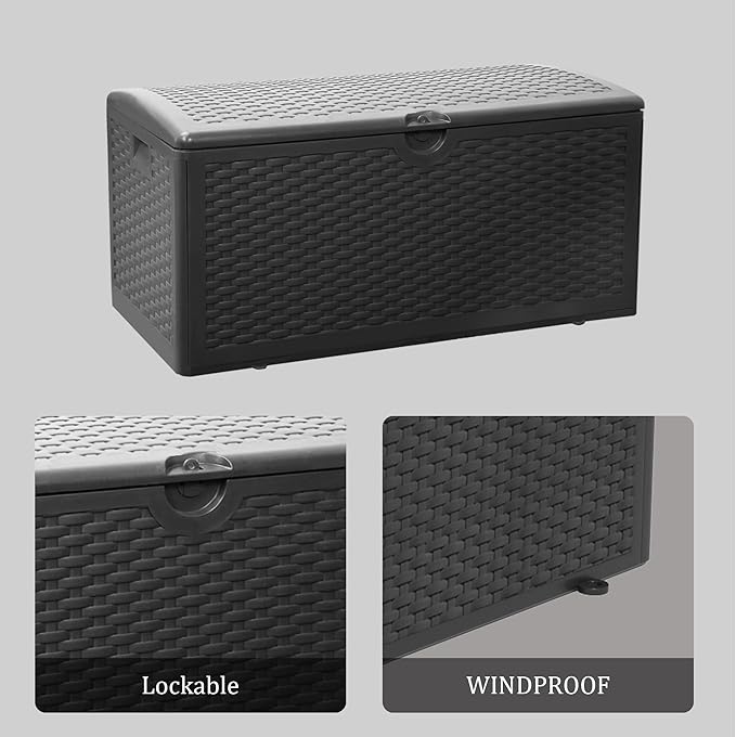 80GAL Deck Box Black，Waterproof Resin Storage Bin， Package Delivery，Garden，Patio Cushions，UV Resistant