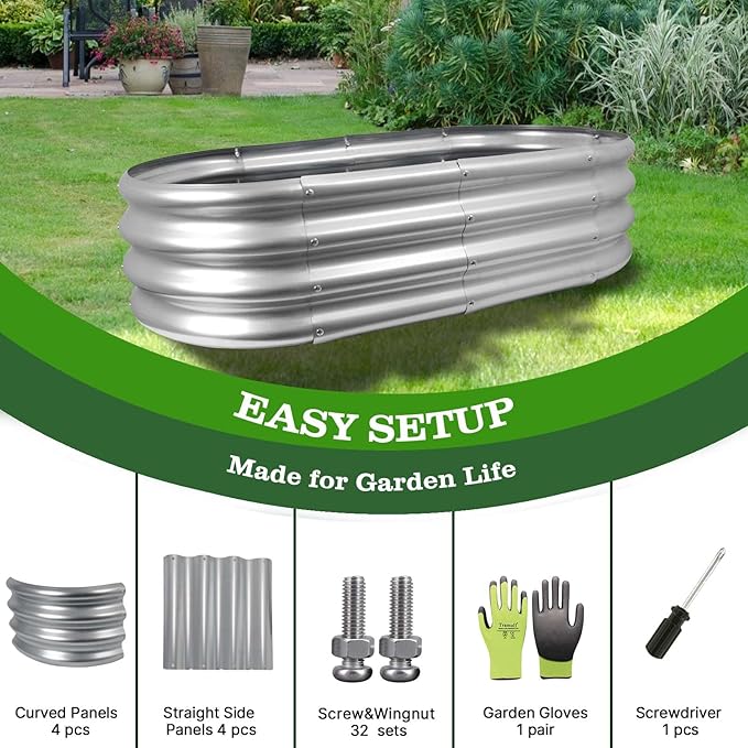 4-Pack 4 * 2 * 1FT Raised Garden Bed Kits, Outdoor Oval Metal Galvanized Ground Planter Garden Boxes for Planting Plants Vegetables Flowers Herbs Fruits, Silver