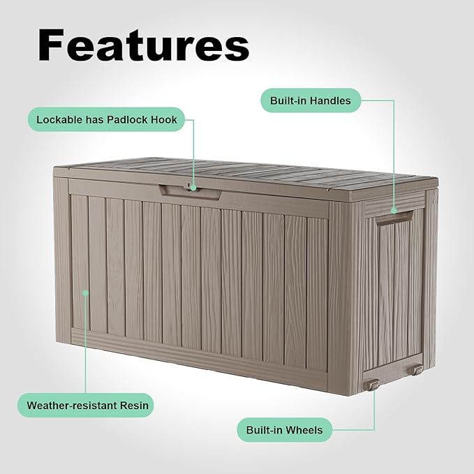 75 Gallon Waterproof Resin Deck Box, UV Resistant Outdoor Storage for Garden, Patio, Porch, Delivery（Grey，75 Gallon）