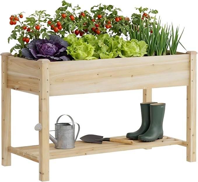 Raised Garden Bed, Planter Box with Storage Shelf, Elevated Wooden Planter Box with Legs, Garden Planter for Backyard, Patio, Balcony, Natural Wood (Natural, M)