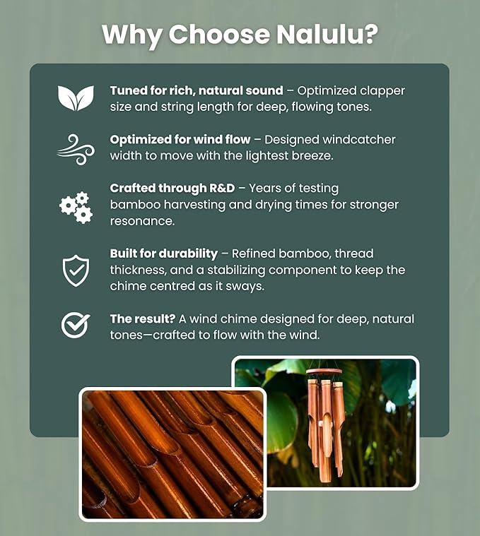 Classic Bamboo Wind Chimes - Outside Outdoor Wood Wooden Windchimes, Medium, Handcrafted with Calming Deep Tones, Ideal Home Decor or Gift for Any Occasion