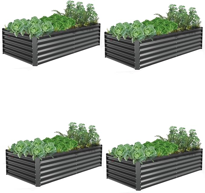 A ANLEOLIFE 4 Pcs 6X3X1.5 ft Rectangular Galvanized Raised Garden Beds Outdoor for Planting Vegetables Flowers Herb, Quartz Grey