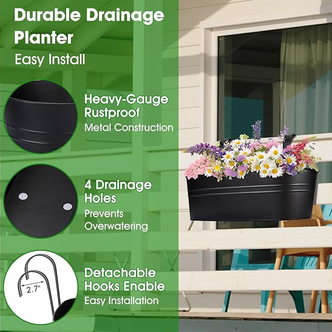 OGIMA Railing Planter Box, 3 Pack 16" Large Hanging Planters for Outdoor Plants with Adjustable Wide Hooks for 2.7'' Railings, Balcony Planters Railing Hanging for Deck, Fence & Patio Decor