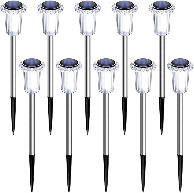 DenicMic Solar Lights Outdoor 10 Pack Waterproof 6000K Cold White LED Stainless Steel Stake Outside Lights for Yard Pathway Garden Driveway Walkway Landscape Path Lighting