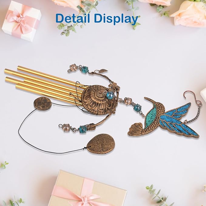 Wind Chimes - Blue Hummingbird Wind Chimes for Outside Deep Tone 34 inches 5 Aluminum Tubes, Thanksgiving, Christmas, Birthday Gifts for Mom, Grandma, Decorations for Home, Garden, Patio, Backyard