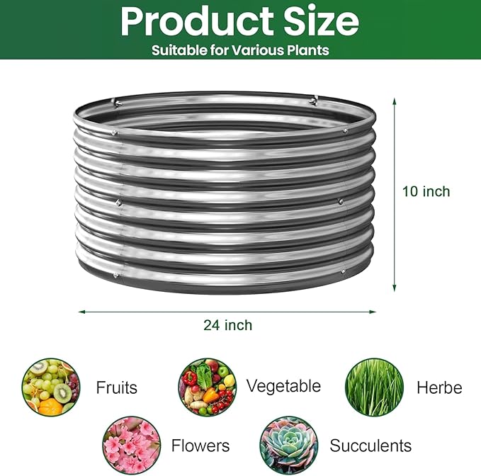 5 Pack 2FT Length Round Galvanized Raised Garden Bed Outdoor,Metal Garden Bed for Vegetables,Steel Raised Beds for Gardening,Above Ground Garden Box for Flower