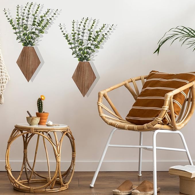Chunful 2 Pcs Wooden Wall Planter Decor Hanging Fake Plants Greenery Flowers Holder Vase Boxes for Wall Bohemian Farmhouse Room Kitchen Office Indoor Decoration(Wooden Color,7.1 x 4.7 x 1.2 Inches)