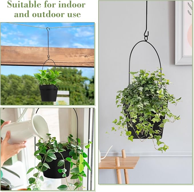 Hushee 10 Packs Metal Hanging Planters for Outdoor Indoor Plants Plant Hanger with 6.3'' Plastic Pots Hanging Planter Basket for Garden Home Porch Decor (Black)