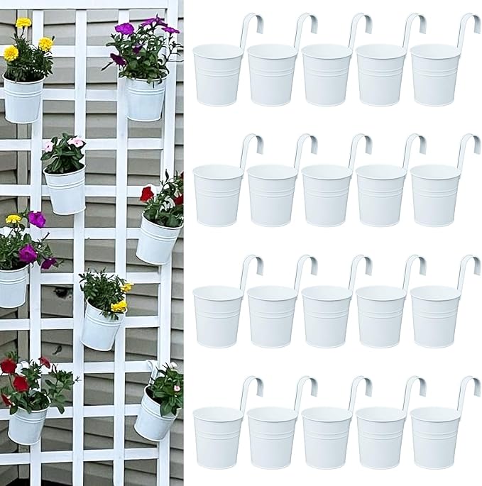 20 Pack 4 Inch Railing Hanging Planter, White Small Hanging Bucket Planters, Metal Hanging Flower Pots, Metal Railing Bucket for Outdoor, Balcony, Fence, and Porch with Detachable Handles