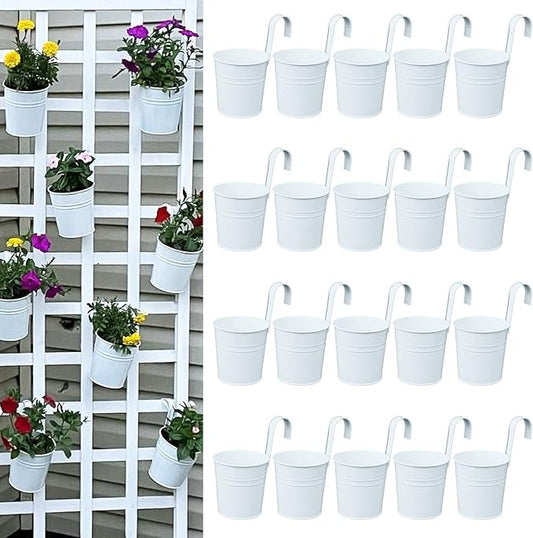 20 Pack 4 Inch Railing Hanging Planter, White Small Hanging Bucket Planters, Metal Hanging Flower Pots, Metal Railing Bucket for Outdoor, Balcony, Fence, and Porch with Detachable Handles