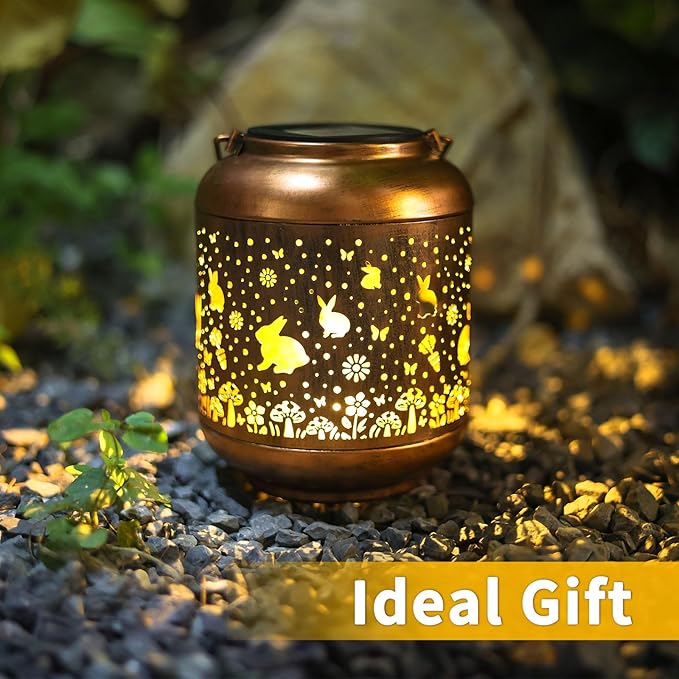 Rabbit Solar Lanterns Outdoor Waterproof,Garden Decor Solar Lights Bunny Gifts for Women Mom Grandma,Metal Outside Decoration Hanging Lantern for Yard,Porch,Patio,Landscape,Backyard,Lawn