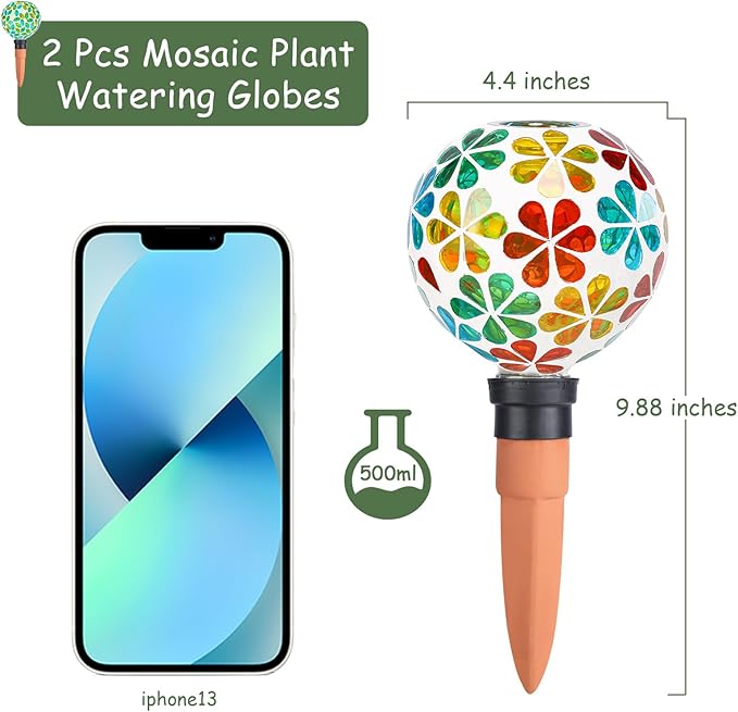 Plant Watering Globes Mosaic Self Watering Spikes 2 Pack Large Self Watering Planter Insert Automatic Watering Device Outdoor Indoor Decoration