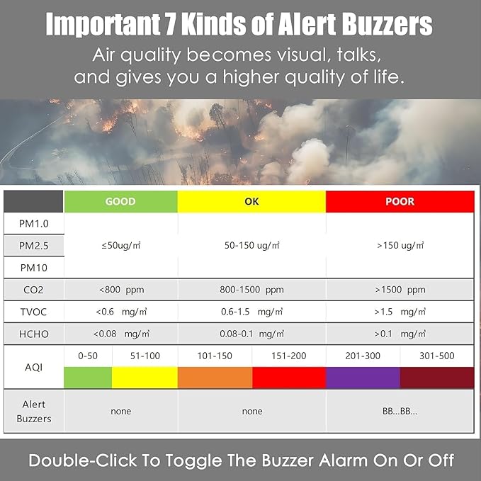 Professional Indoor Air Quality Monitor with AQI, Portable Real-Time Detector for Home Cars Plants and Pets (Black)