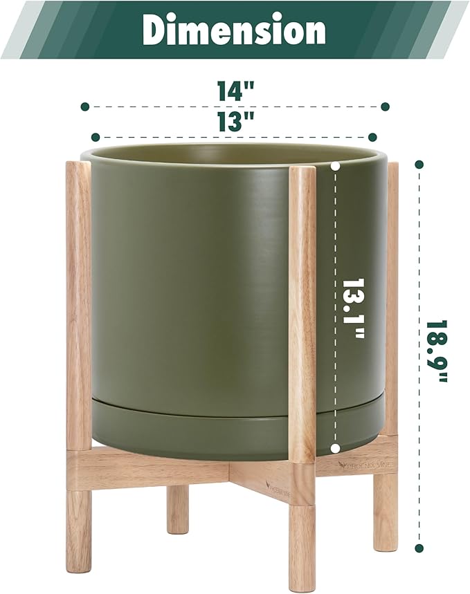 D'vine Dev Ceramic Planter with Natural Stand - 14 Inch Modern Round Flower Pot with Wood Planter Holder, Olive, 55-B-R-J