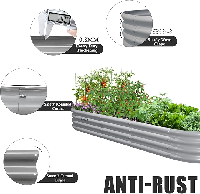 8 Pack 8x3x1FT Galvanized Raised Garden Bed Kit Oval Metal Ground Planter Box Outdoor Bottomless Planter Raised Beds for Vegetables Flowers Herbs Fruits, Gray