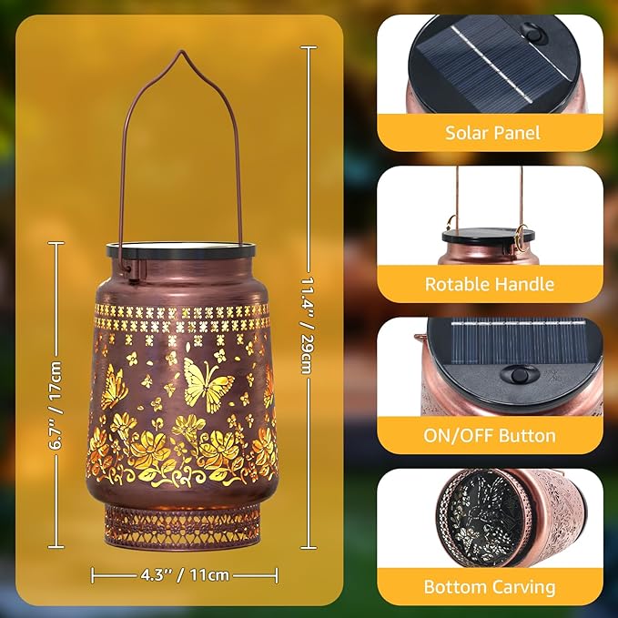 FUYO Solar Lanterns Outdoor Waterproof, Butterfly Metal Hanging Solar Lights Outside Decorative for Backyard Patio Yard Pathway Porch, Garden Decor Birthday Gifts for Women Mom Grandma