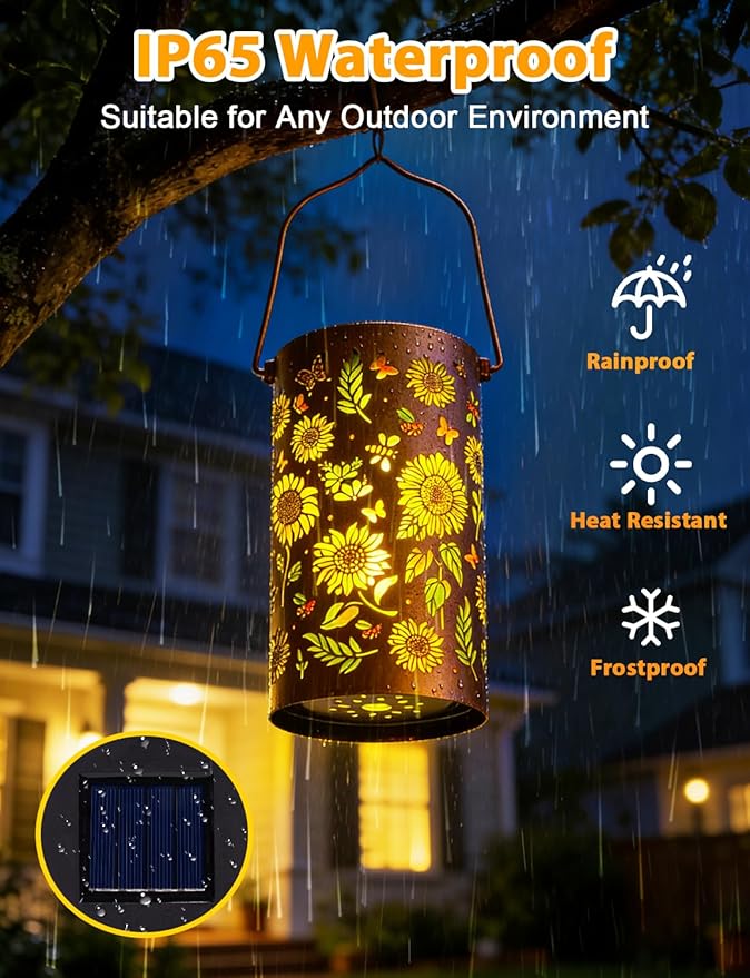 Sunflower Solar Lanterns Outdoor Waterproof, Metal Lantern Garden Lights with Color Projection, Garden Decor Gifts for Mom Women Mother Grandma, Hanging Solar Lights for Yard Porch Patio (Sunflower)
