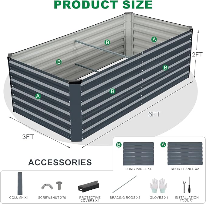 STBoo 6x3x2FT Galvanized Raised Garden Bed, Outdoor Metal Raised Planter Box for Vegetables, Elevated Rust-Resistant Rectangle Gardening Container Kit with Reinforced Panels for Backyard, Patio(Grey)