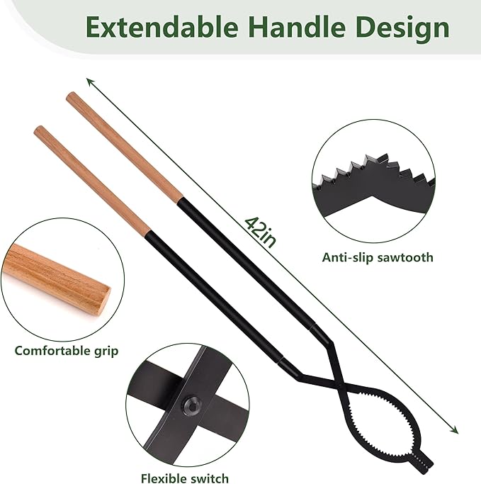 42" Large Fireplace Tongs Log Grabber with Scissor Shape Serrated, Portable Expandable Fire Pit Tongs accessory for Outdoor Fire Pit, grizzly grabber, indoor Fireplaces,Bonfires.