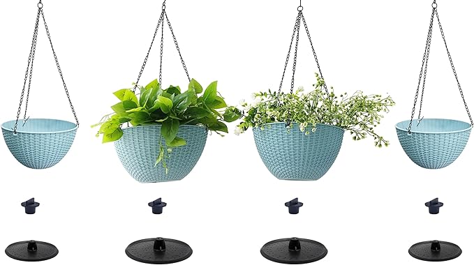Hanging Planters for Outdoor Plants 8/10 Inch, 4 Packs Hanging Flower Pot Indoor with Drainage Holes, Self-Watering Hanging Basket Perfect for Home, Office and Garden (Sky Blue)