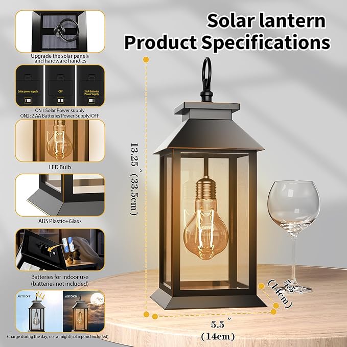2 Pack Hanging Solar Lanterns Glass Solar Lights Outdoor Waterproof Upgraded Solar and AAA Battery Powered, for Outside Porch, Patio and Indoor Tables, Mantelpiece