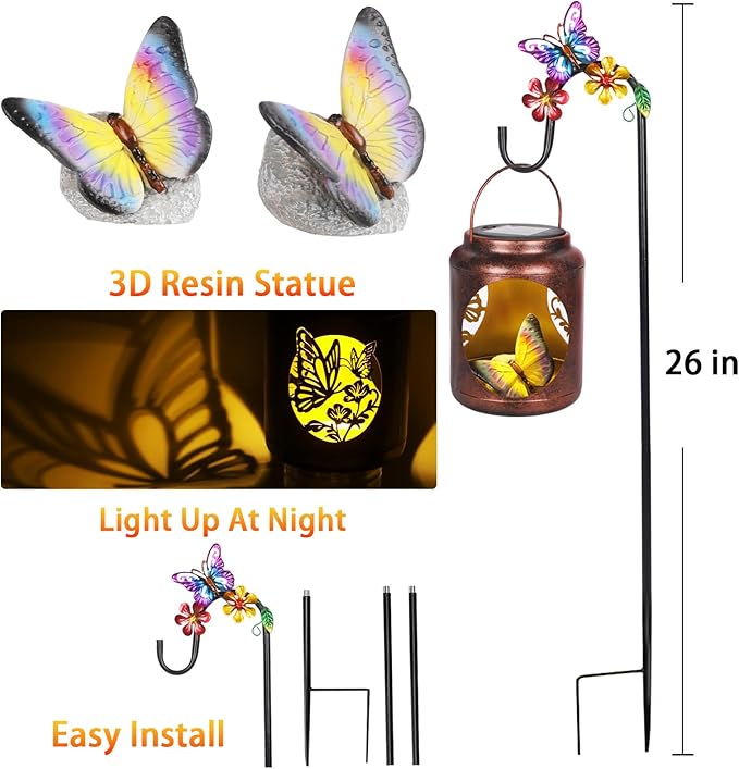 Solar Lanterns Outdoor Waterproof Metal Butterfly Patterns with Resin Butterfly Inside Garden Decor Gifts for Women Mom Grandma Hanging Solar Lights Decoration Outside for Yard, Patio, Backyard, Porch