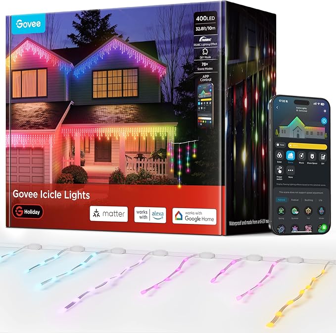 Govee Icicle Lights, Smart RGBIC Christmas Lights for Outside, 33ft with 400 LEDs Icicle Light Outdoor, IP67 Waterproof, Music Sync, Voice Control, 78+ Scene Modes for Christmas Decor