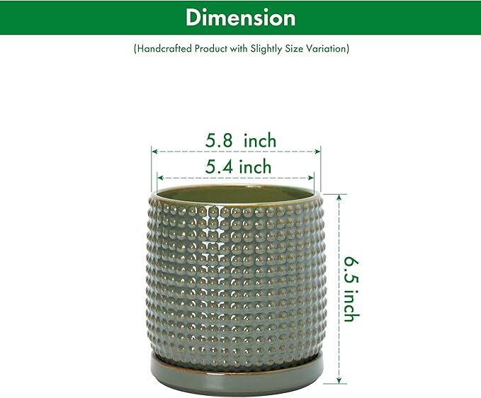 D'vine Dev 6 Inch Ceramic Beaded Stoneware Planter Pot - Flower Pot with Drainage Holes and Saucers for Indoor Succulent Plants or Flowers, Olive, 27-C-X-0