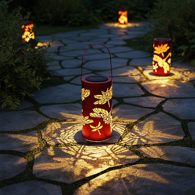 12.8" Large Size 2-Pack Outdoor Solar Lanterns Waterproof Metal Dragonfly Patterns Garden Decor Gifts for Women Mom Grandma Hanging Solar Lanterns for Outside Yard, Patio, Backyard, Porch