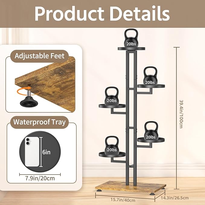 LASZOLA Black 5 Tiered Plant Stand Indoors Heavy Duty Metal Rack, Sturdy Multi Level Shleving Hold Flowers, Larger House Decorate Ladder for Planting Inside Tree Herb Cactus, Wooden Base, Space Saving