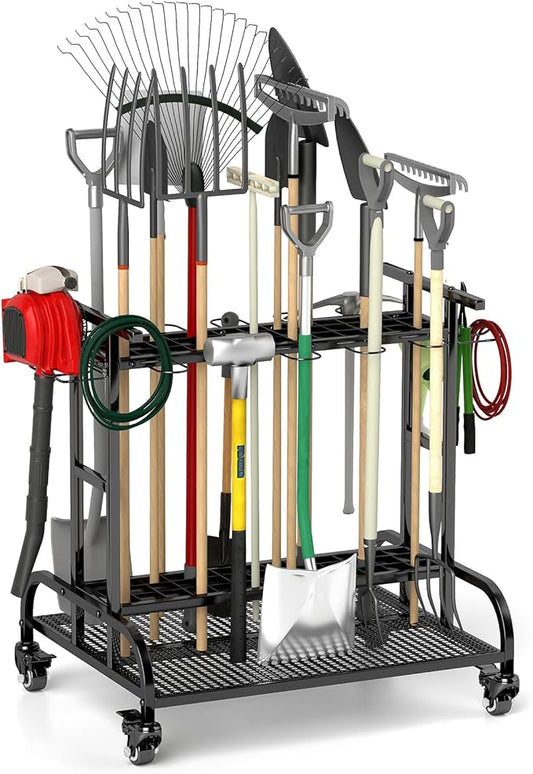 YAGEANNL Garden Tool Organizer with Wheels, Large Capacity Garage Tool Rack with Hooks, for Broom, Shovel, Long Handled Tools, Metal Yard Tool Organizer for Garage, Shed, Outdoor