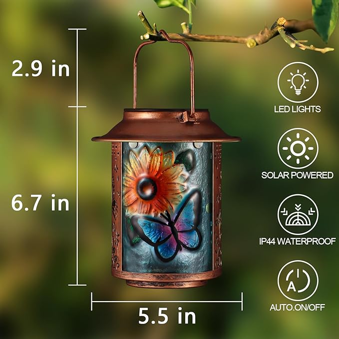 Butterfly Solar Lanterns Outdoor Waterproof, Birthday Gifts for Women Mom Grandma , Metal Garden Decor Hanging Solar Lights Outside Decorative for Yard Patio Backyard Porch Decorations(Sunflower)