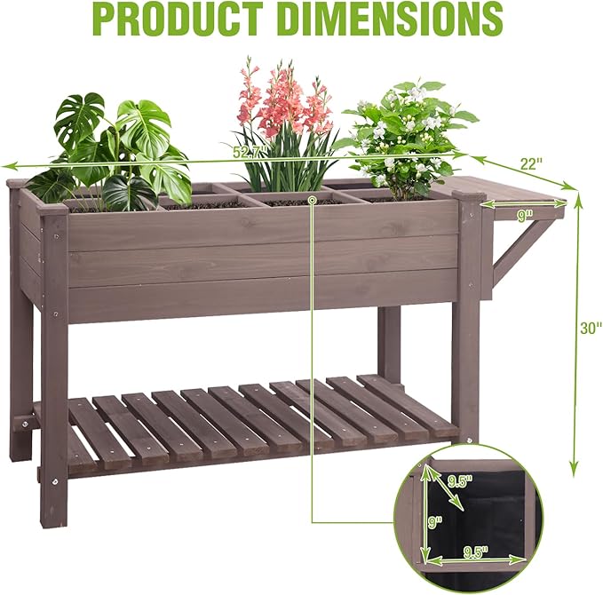 GUTINNEEN Elevated Wooden Planter Box with Locking Casters - 52.7" L x 22" W x 30" H Raised Garden Bed, Removable Liner & 230lb Weight Capacity for Outdoor Plants