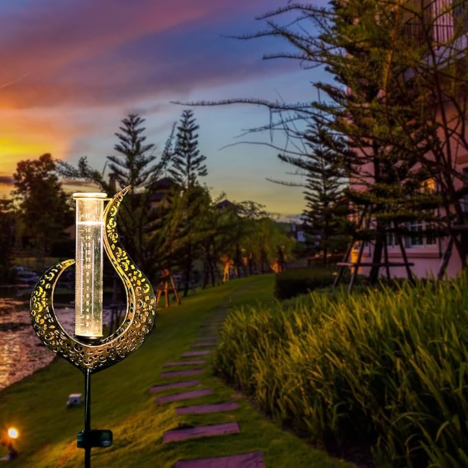 Rain Gauge Outdoor Decorative, Solar Garden Rain Gauge, 7" Capacity Glass Tube Metal Flame Shape for Garden Yard Lawn