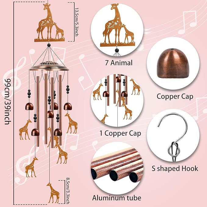 Giraffe Wind Chimes for Outside - Giraffe Gifts for Women Men, Metal Memorial Wind Chimes for Outdoor, Garden Patio Yard Porch Decor, Birthday Housewarming Idea