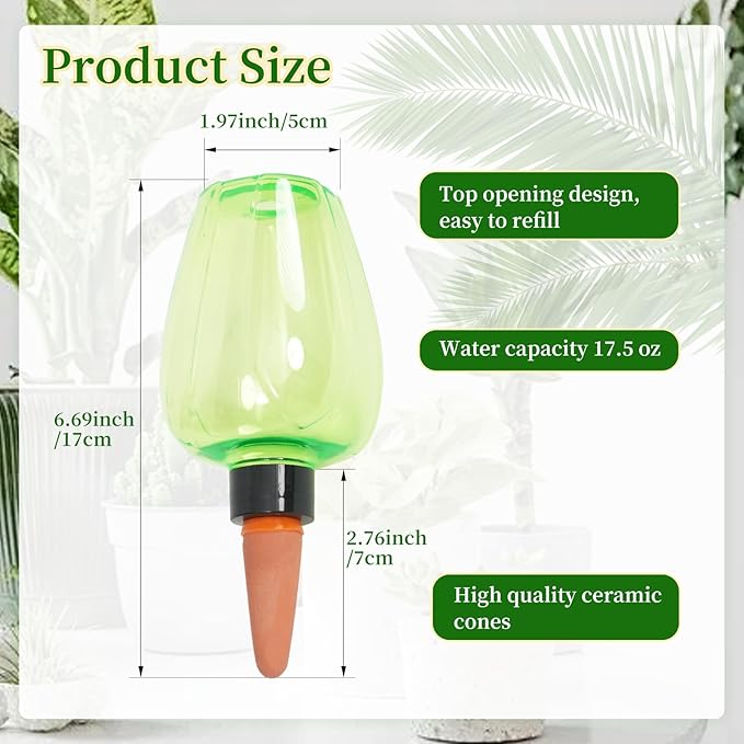 6pcs Plant Self Watering Globes, Plastic Water Bulbs Top Fill, 12.3 oz Plant Watering Devices System Slow Release Terracotta, Water Spikes Stakes for Indoor (Green-6pack)