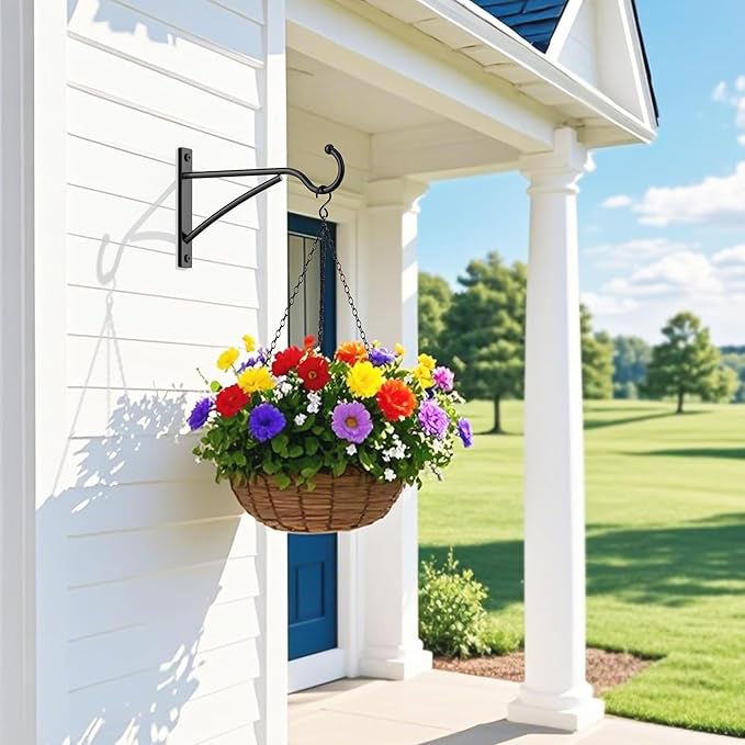 6 Inch 2 Pack Outdoor Plant Hanging Hooks for Wall:Metal Bracket for Hanging Baskets, Bird Feeders, Wind Chimes, Flower Baskets, Yoga Mat, Lanterns, Black