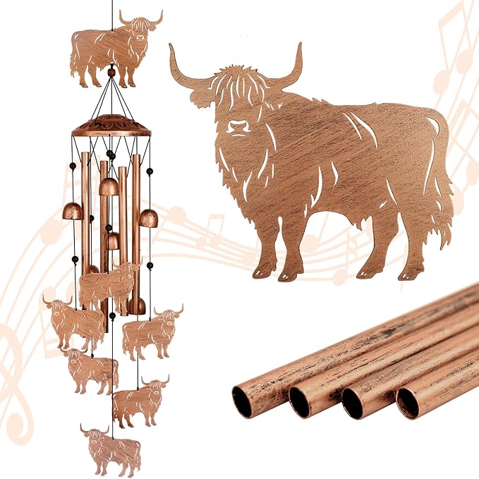 Highland Cow Wind Chimes for Outside, Metal Windchimes Outdoors, Highland Cow Gifts for Women/Men, Memorial/Birthday Gifts, Garden Decor for Outside, Patio or Yard, Durable Chimes for Outdoors