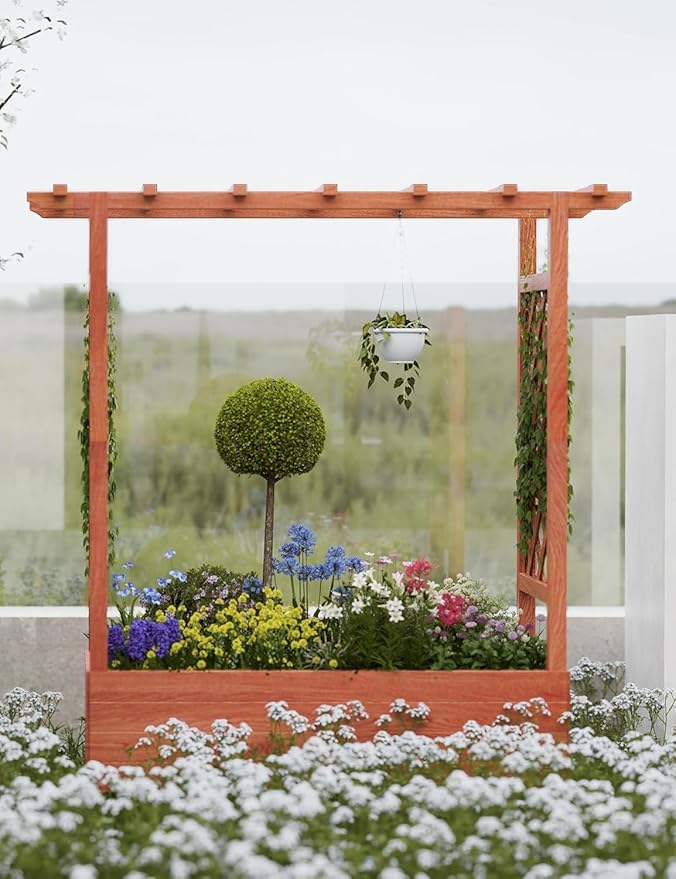 Raised Garden Bed with Trellis and Hanging Roof, Wooden Planter Box with Side Supports and Drainage, Freestanding Elevated Planter for Climbing Plants, Vines, and Flowers, 43x17x44Ft