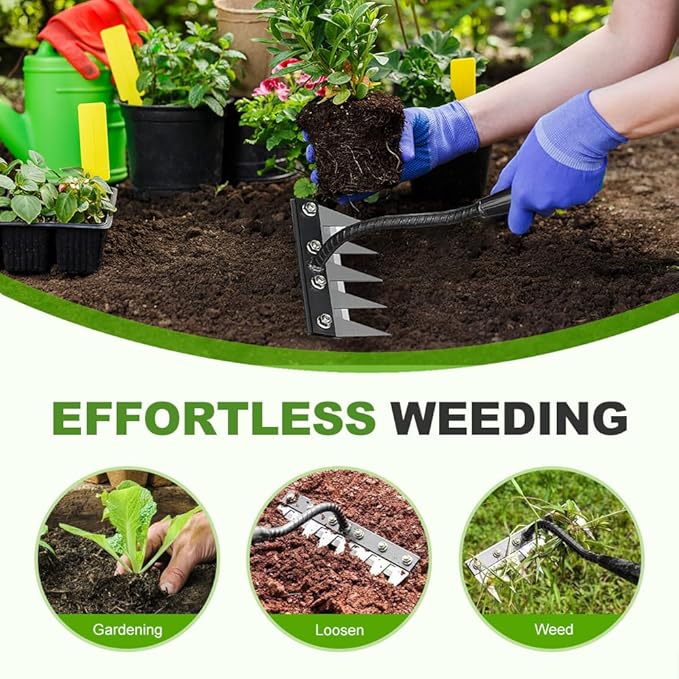 2025 New Iron Weeding Rake 2.0, 5/6/7/8 Teeth Carbon Steel Garden Weeding Rakes, Iron Rake for Gardening and Weeding, Heavy-Duty Garden Weed Puller Tool for Lawn Yard Garden Farm (5Teeth)