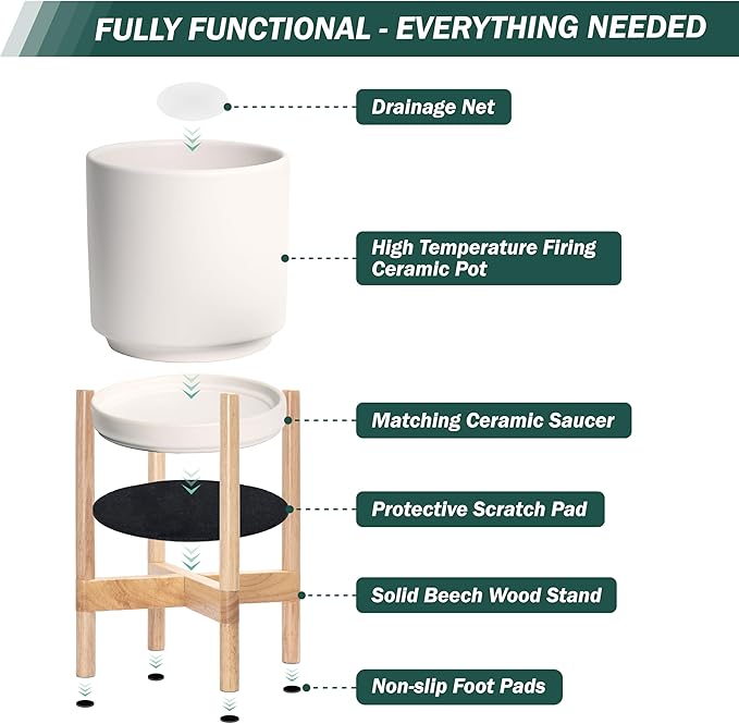 D'vine Dev Ceramic Planter with Natural Stand - 14 Inch Modern Round Flower Pot with Wood Planter Holder, Oatmeal, 55-B-R-8