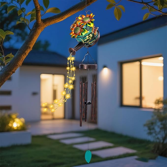 MUMTOP Solar Wind Chimes for Outside - Solar Watering Can Wind Chimes Outdoor Unique with String Warm Light, Glass Windchimes Clearance for Garden, Patio,Yard Decor Gift